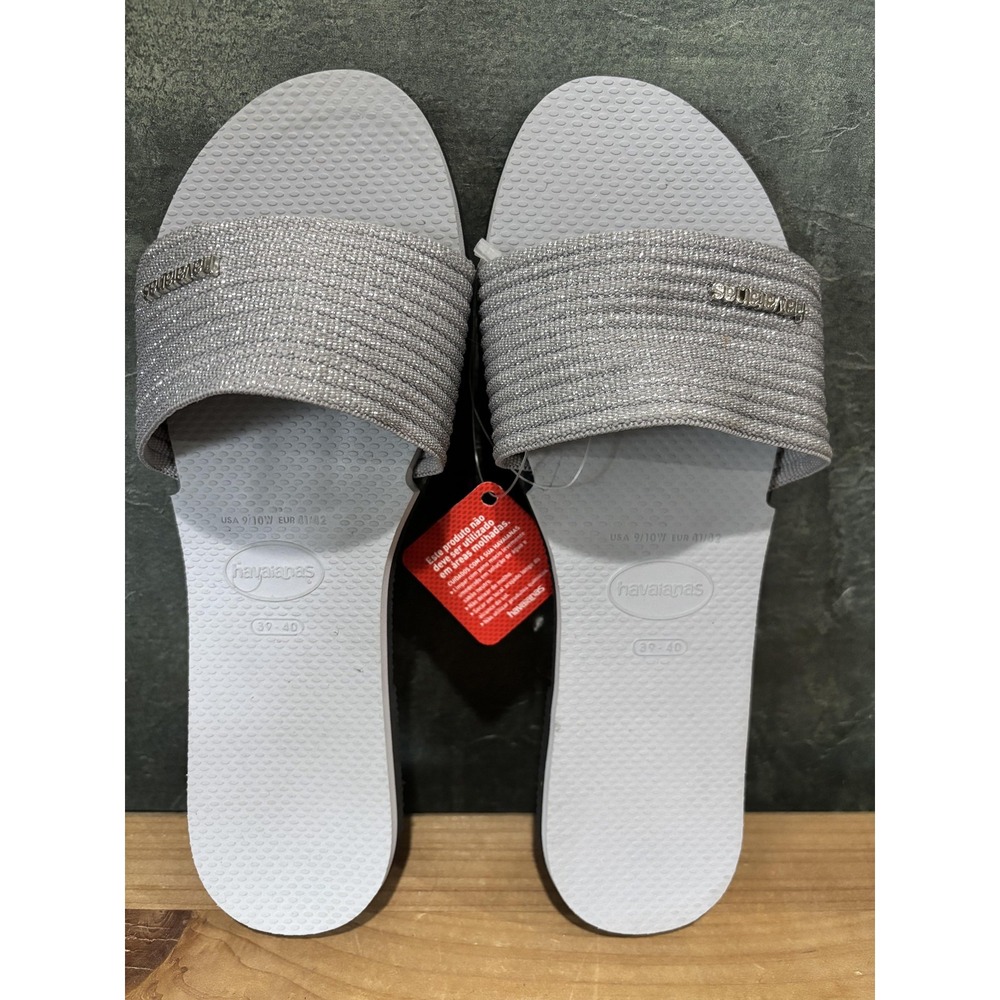 Havaianas Shoes Womens Size 9/10 Silver Gray Slide Sandals Glitter Strap‎
